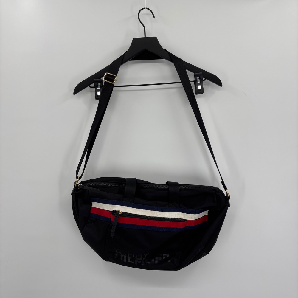 Tommy Hilfiger Black Nylon Messenger Crossbody Bag‎ Red White Blue Stripe Logo